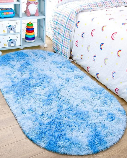 Noahas Oval Fluffy Blue Rainbow Rug 2.6X5.3 Small Kids Rugs for Bedroom Girls And Boys Aesthetic,Bedside Bedroom Rug,Ultra Soft Runner Carpet Modern Shaggy Nursery Area Rugs Home D飯r - LeafyLoom