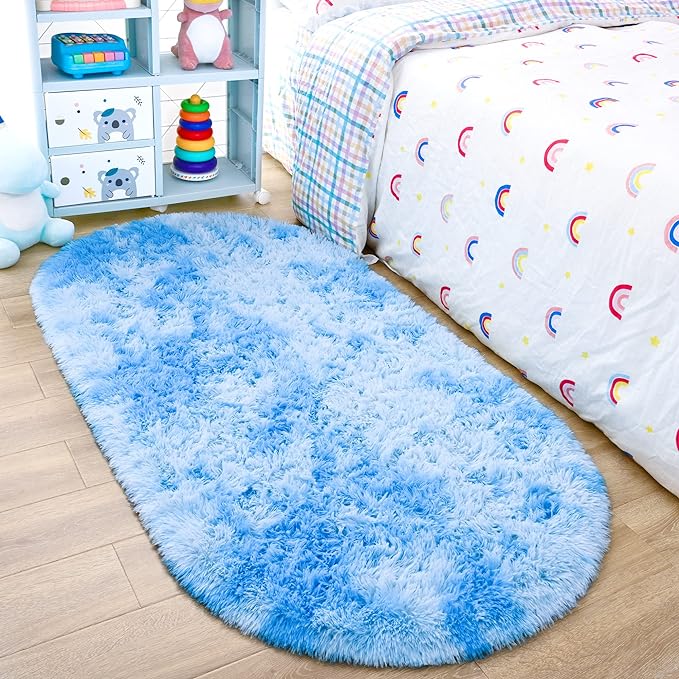 Noahas Oval Fluffy Blue Rainbow Rug 2.6X5.3 Small Kids Rugs for Bedroom Girls And Boys Aesthetic,Bedside Bedroom Rug,Ultra Soft Runner Carpet Modern Shaggy Nursery Area Rugs Home D飯r - LeafyLoom