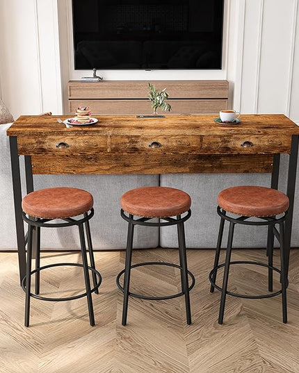 NicBex Modern Dining Table Counter Height Dining Table Set 3-Drawer Long Dining Table Set, Bar Kitchen Table Set with Circular Pu Stools for Dining Room, Living Room, Easy Assemble, Brown - LeafyLoom