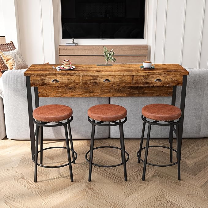 NicBex Modern Dining Table Counter Height Dining Table Set 3-Drawer Long Dining Table Set, Bar Kitchen Table Set with Circular Pu Stools for Dining Room, Living Room, Easy Assemble, Brown - LeafyLoom