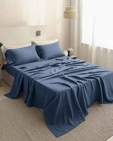 Simple&Opulence 100% Linen Sheet Set Solid Color-4 Pcs Washed French Linen Bed Sheets-Breathable Bedding Set-1 Flat Sheet,1 Fitted Sheet,2 Pillowcases (Full,Blue) - LeafyLoom