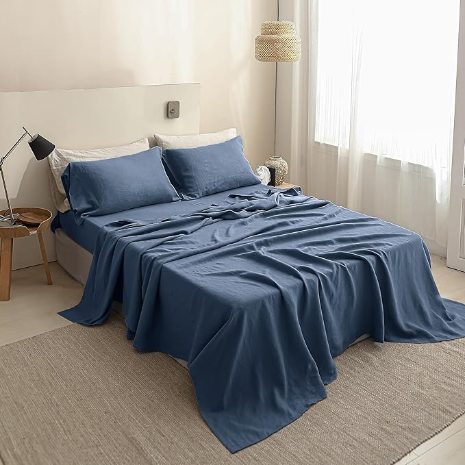 Simple&Opulence 100% Linen Sheet Set Solid Color-4 Pcs Washed French Linen Bed Sheets-Breathable Bedding Set-1 Flat Sheet,1 Fitted Sheet,2 Pillowcases (Full,Blue) - LeafyLoom