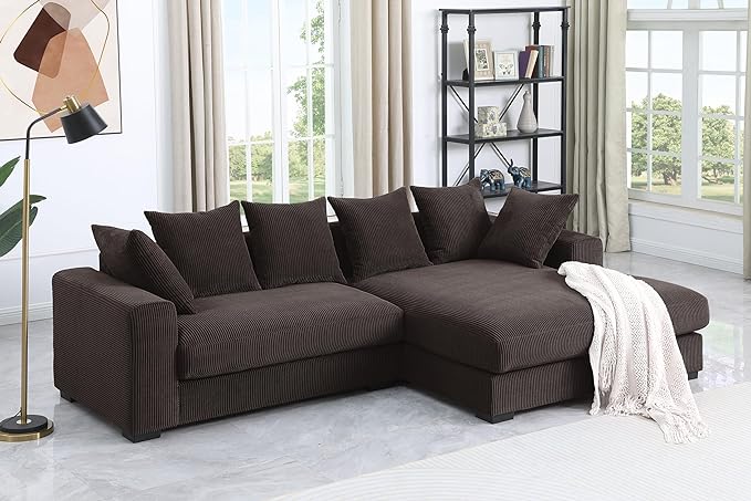 110" Modern L-shaped Sectional Sofa with Big Chaise,Upholstered Sleeper Couch W/ 6 Throw Pillows & Generously Armrests,Easy Assembly,Spacious Loveseat for Living Room Apartment Home,Dark Brown - LeafyLoom