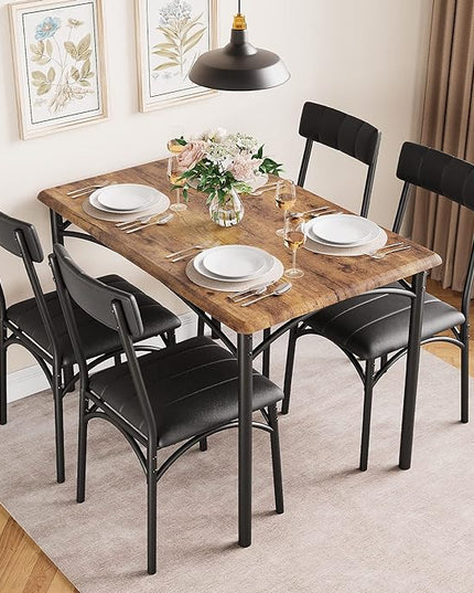 IDEALHOUSE Dining Table Set for 4, Kitchen Table and Chairs for 4 with Upholstered Chairs, 5 Piece Rectangular Kitchen Table Set, Dining Room Table Set for Small Space, Apartment, Rustic Brown - LeafyLoom