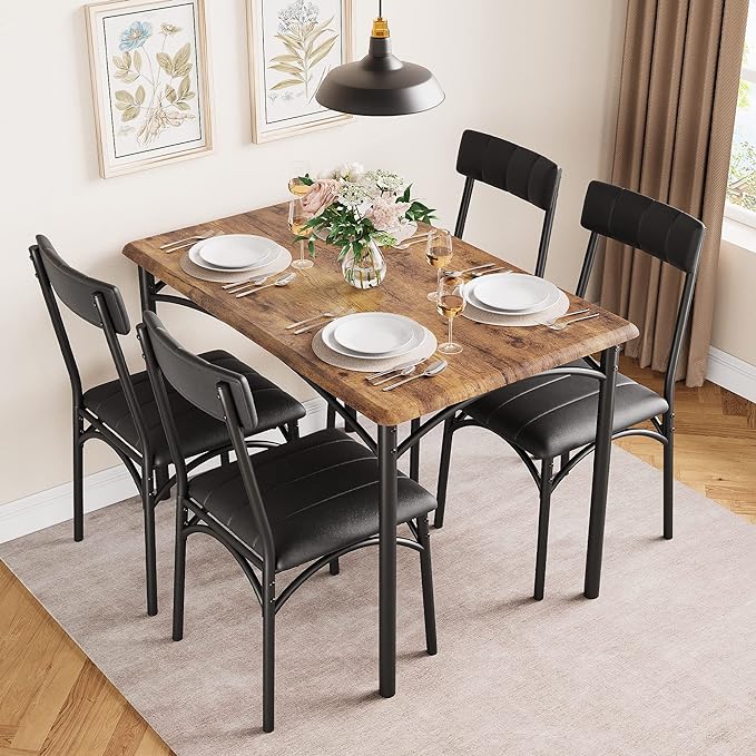 IDEALHOUSE Dining Table Set for 4, Kitchen Table and Chairs for 4 with Upholstered Chairs, 5 Piece Rectangular Kitchen Table Set, Dining Room Table Set for Small Space, Apartment, Rustic Brown - LeafyLoom