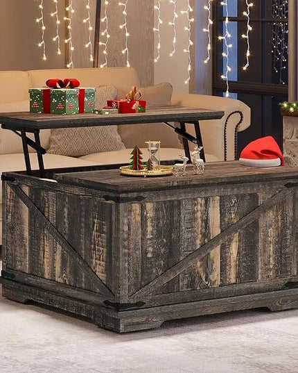 YITAHOME Farmhouse Lift Top Coffee Table, Square Wood Center Table with Large Hidden Storage Compartment for Living Room, Rustic Cocktail Table with Lift Top for Home Office,Dark Rustic Oak - LeafyLoom