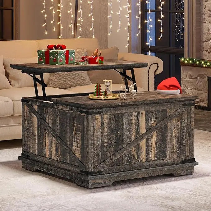 YITAHOME Farmhouse Lift Top Coffee Table, Square Wood Center Table with Large Hidden Storage Compartment for Living Room, Rustic Cocktail Table with Lift Top for Home Office,Dark Rustic Oak - LeafyLoom