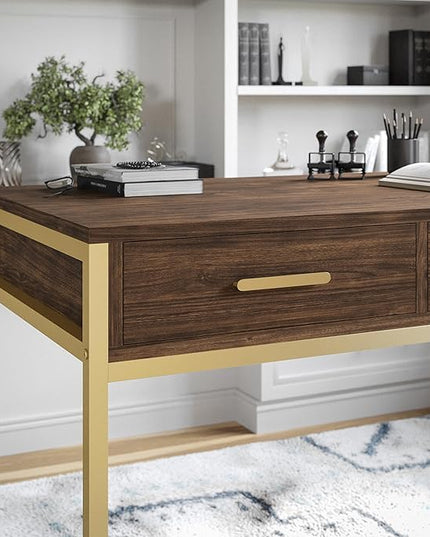 Martha Stewart Ollie Home Office Desk with 3 Drawers in Walnut Wood Grain with Polished Brass Hardware - LeafyLoom