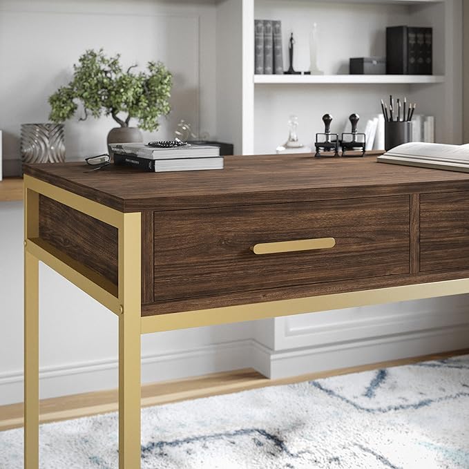 Martha Stewart Ollie Home Office Desk with 3 Drawers in Walnut Wood Grain with Polished Brass Hardware - LeafyLoom