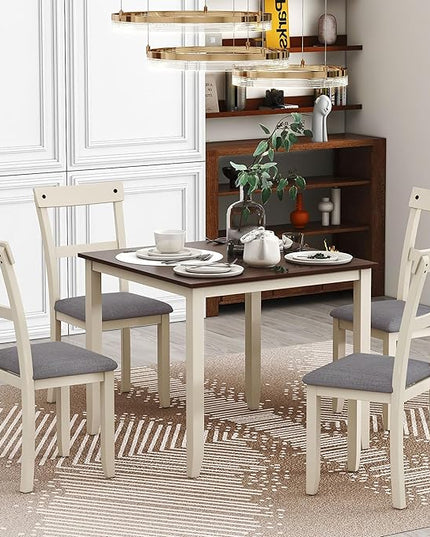 RITSU 5 Piece Set Industrial Wooden 4 Chairs, with High-density Foam Burlap Upholstered Cushions for Dining, Living Room, and Kitchen, Easy to Assemble, Dinning table for 5, Brown+cottage White - LeafyLoom