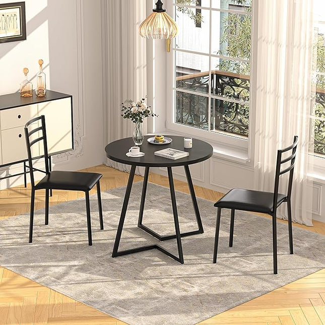 VECELO Round Dining Table with Steel Frame for 2-4 People, Space Saving for Home, Kitchen, Apartment, Black - LeafyLoom