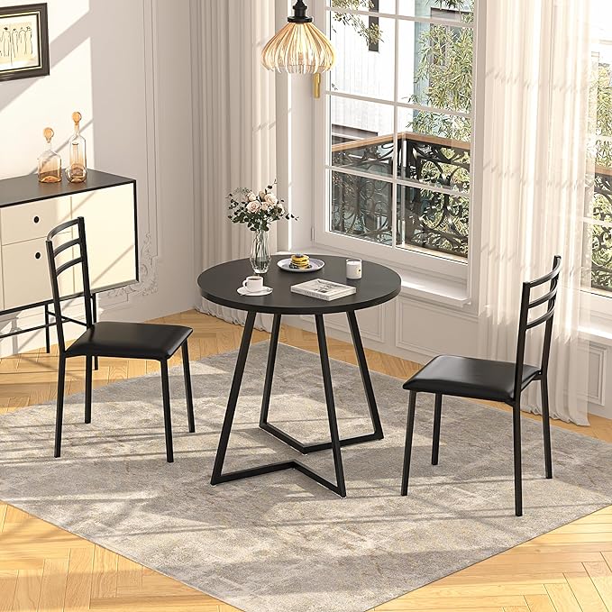 VECELO Round Dining Table with Steel Frame for 2-4 People, Space Saving for Home, Kitchen, Apartment, Black - LeafyLoom