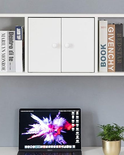 Wall Mounted Office Computer Desk and Floating Hutch Cabinet, White - LeafyLoom