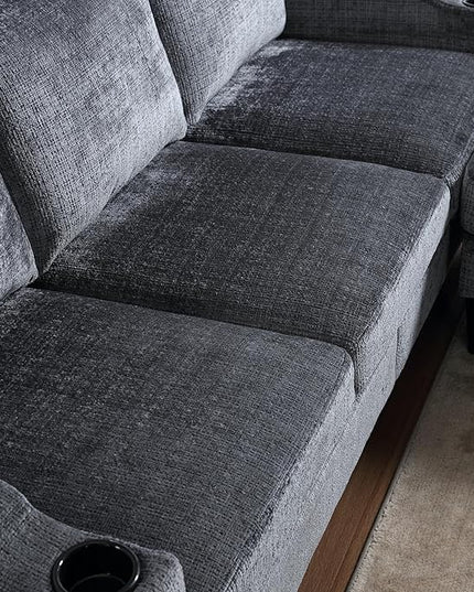 Convertible Sectional Sofa with Movable Storage Ottoman and Cupholders, 3 Seater L-Shaped Corner Couch,Chenille Upholstered Furniture w/Detachable Thicked Cushions for Living Room, Small Space - LeafyLoom