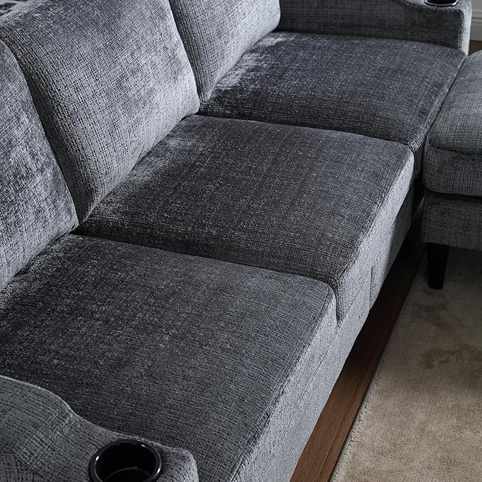 Convertible Sectional Sofa with Movable Storage Ottoman and Cupholders, 3 Seater L-Shaped Corner Couch,Chenille Upholstered Furniture w/Detachable Thicked Cushions for Living Room, Small Space - LeafyLoom