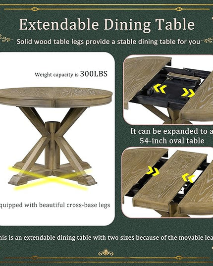 Small Dining Table Set for 4-6, Modern Round Extendable Table and Upholstered Chairs, X-Shaped Cross Base, Button Tufting Backrest, Retro Style Home Furniture for Small Spaces, Living Room - LeafyLoom
