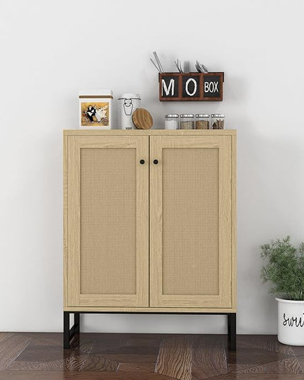 Panana Rattan Decorated 2 Doors Storage Cabinet Accent Cabinet Living Room Cupboard Kitchen Sideboard Buffet Table (Natural) - LeafyLoom