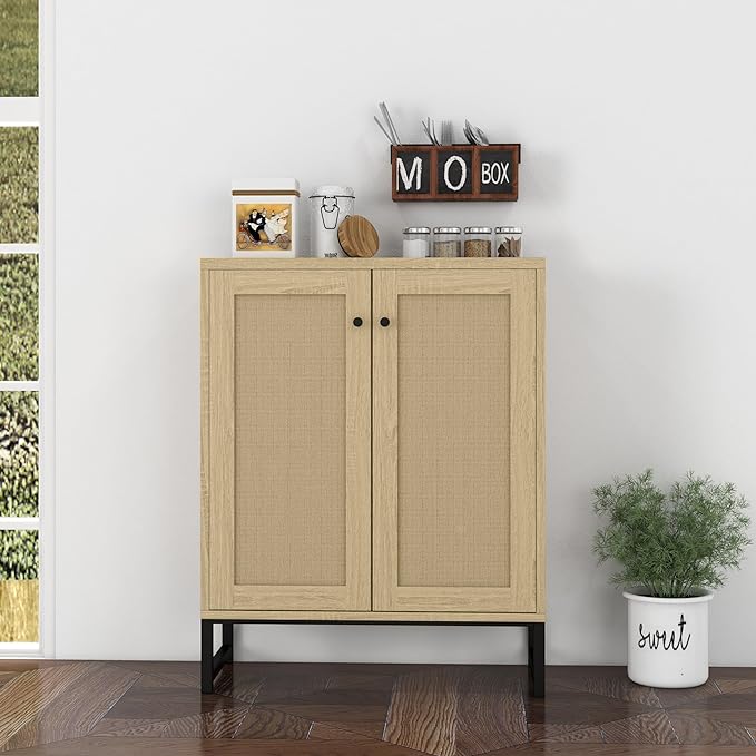 Panana Rattan Decorated 2 Doors Storage Cabinet Accent Cabinet Living Room Cupboard Kitchen Sideboard Buffet Table (Natural) - LeafyLoom