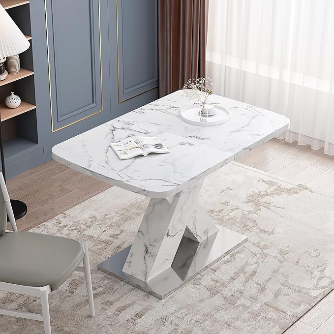 NicBex 62.99Inch Expandable Dining Table,Modern Kitchen Table with White Marble Tabletop and MDF White X-Shape Legs for 6 to 8,Large Dining Room Table for Kitchen,Meeting Room and Living Room,White - LeafyLoom