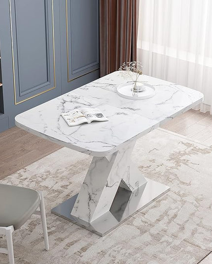 NicBex Dining Table Contemporary Kitchen Table Farmhouse Rustic Square Dining Table, Stretchable, White Marble Table Top+MDF X-Shape Table Leg with Metal Base, Easy Assembly, White - LeafyLoom