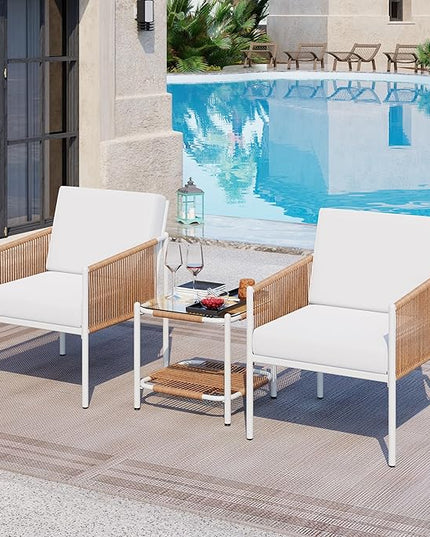 Shintenchi 3 Piece Wicker Patio Furniture Set, Outdoor Furniture Rattan Conversation Set with Two Single Chairs and Coffee Table for Backyard, Balcony, Poolside - LeafyLoom