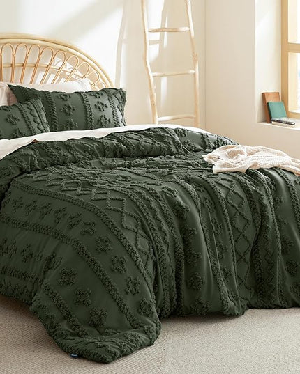 Bedsure Tufted Boho Comforter Set Full - Olive Green Boho Bedding Comforter Set, 3 Pieces Farmhouse Shabby Chic Embroidery Bed Set, Soft Jacquard Comforter for All Seasons - LeafyLoom