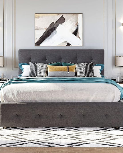 Queen Size Platform Bed, Queen Linen Fabric Upholstered Platform Bed Frame with 2 Storage Drawers and 1 Twin XL Trundle, Ideal Bedroom Furniture, No Box Spring Needed, Dark Gray - LeafyLoom