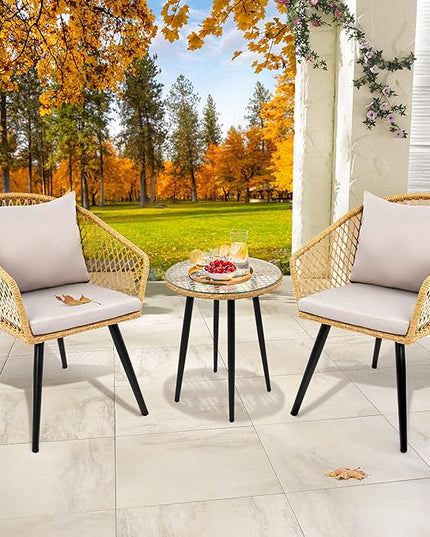 YITAHOME 3-Piece Wicker Balcony Small Patio Furniture Chair Set, Outdoor Rattan Conversation Chairs for Backyard, Balcony and Apartment with Soft Gray Cushions, Glass Side Table Light-Yellow - LeafyLoom