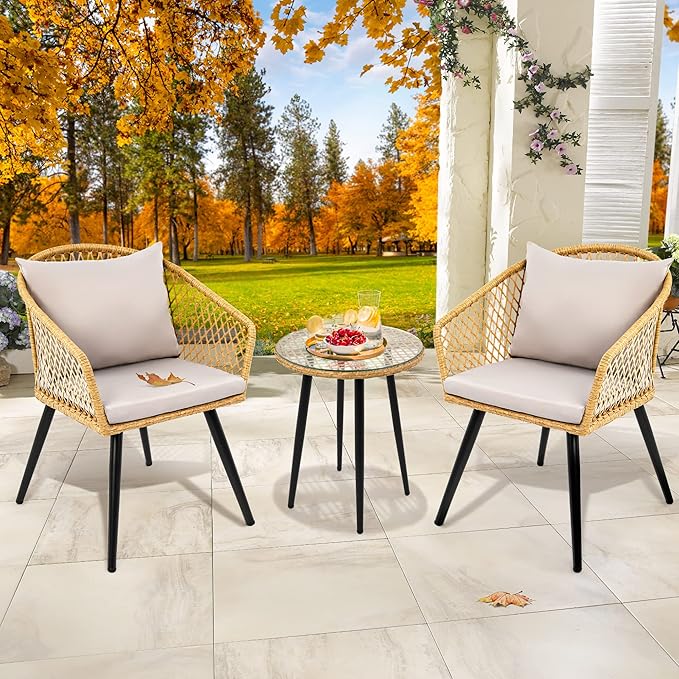 YITAHOME 3-Piece Wicker Balcony Small Patio Furniture Chair Set, Outdoor Rattan Conversation Chairs for Backyard, Balcony and Apartment with Soft Gray Cushions, Glass Side Table Light-Yellow - LeafyLoom