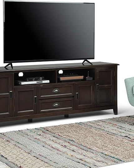 SIMPLIHOME Burlington SOLID WOOD Universal TV Media Stand, 72 inch Wide, Traditional, Living Room Entertainment Center with Storage, for Flat Screen TVs up to 80 inches in Mahogany Brown - LeafyLoom