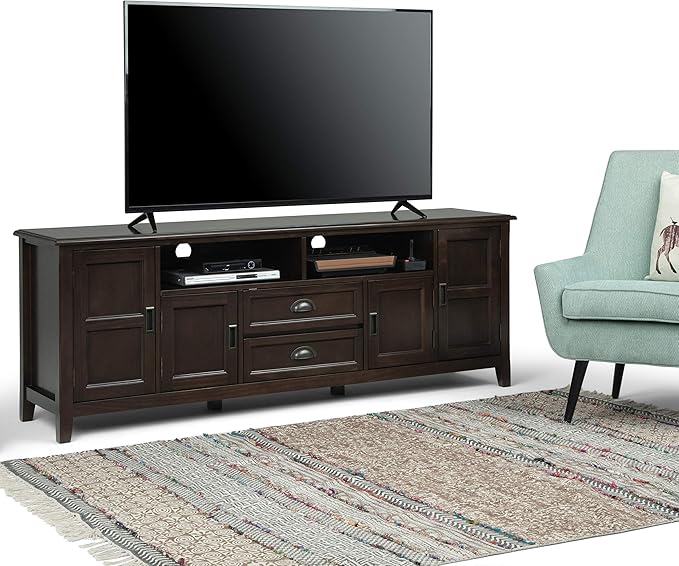 SIMPLIHOME Burlington SOLID WOOD Universal TV Media Stand, 72 inch Wide, Traditional, Living Room Entertainment Center with Storage, for Flat Screen TVs up to 80 inches in Mahogany Brown - LeafyLoom