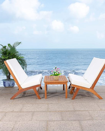 SAFAVIEH Outdoor Collection Chaston Wood Cushion 4-Piece Conversation Patio Set PAT7044F, Natural/Beige - LeafyLoom