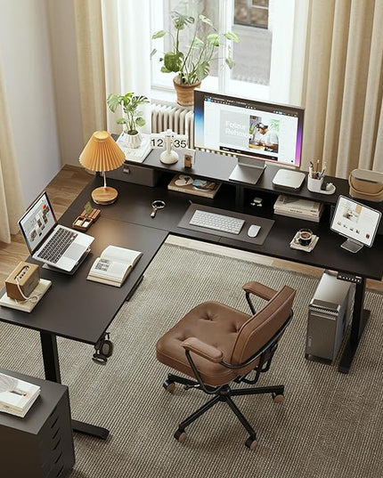 L shaped Electric Standing Desk with 2 Drawers, 63 Inch Ergonomic Adjustable Height Desk with Storage, Corner Desk Sit Stand up Computer Table for Work Office Home, Black - LeafyLoom
