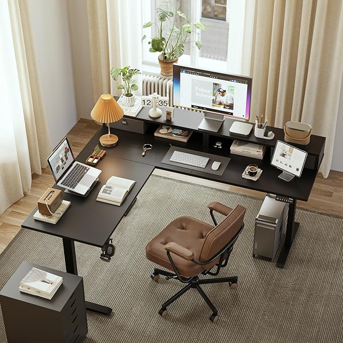 L shaped Electric Standing Desk with 2 Drawers, 63 Inch Ergonomic Adjustable Height Desk with Storage, Corner Desk Sit Stand up Computer Table for Work Office Home, Black - LeafyLoom