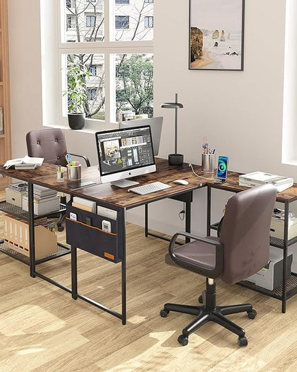 VECELO L Shaped Computer Gaming Corner Desk with Storage Bag and Shelf Home Office Table for Study Writing Room, Small Space Workstation, Rustic Brown - LeafyLoom