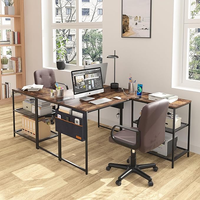 VECELO L Shaped Computer Gaming Corner Desk with Storage Bag and Shelf Home Office Table for Study Writing Room, Small Space Workstation, Rustic Brown - LeafyLoom