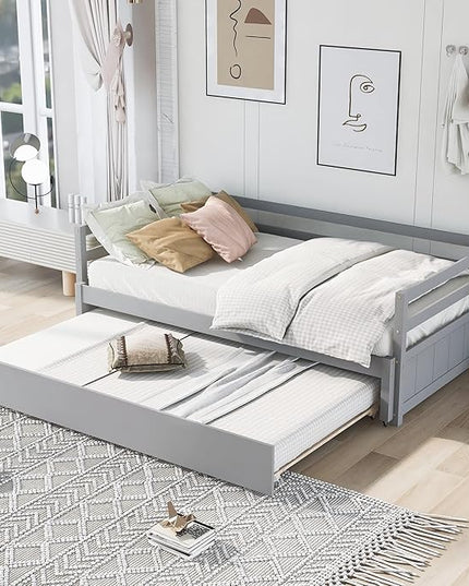 Twin or Double-Twin Daybed with Trundle,Wooden Extendable Daybed-Frame,Solid Wood Sofa Bed Designed for Bedroom/Living Room/Apartment,Hotel,Gray - LeafyLoom