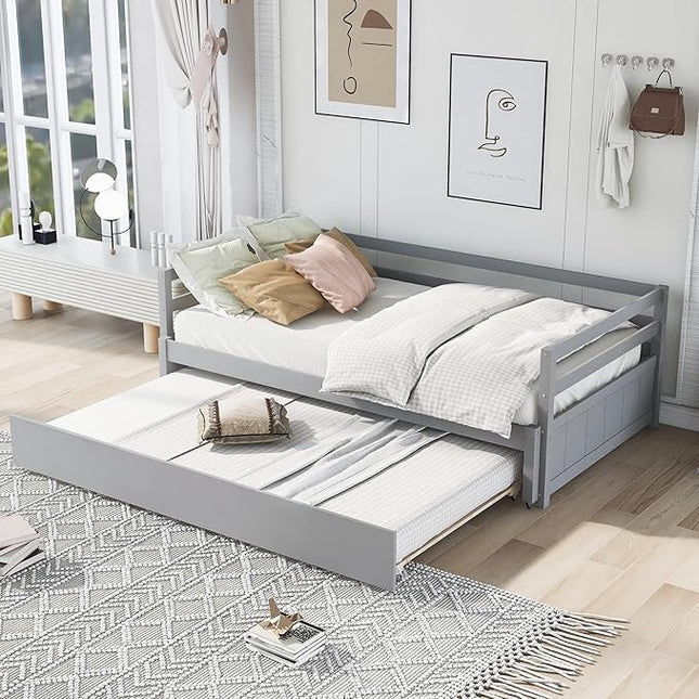 Twin or Double-Twin Daybed with Trundle,Wooden Extendable Daybed-Frame,Solid Wood Sofa Bed Designed for Bedroom/Living Room/Apartment,Hotel,Gray - LeafyLoom