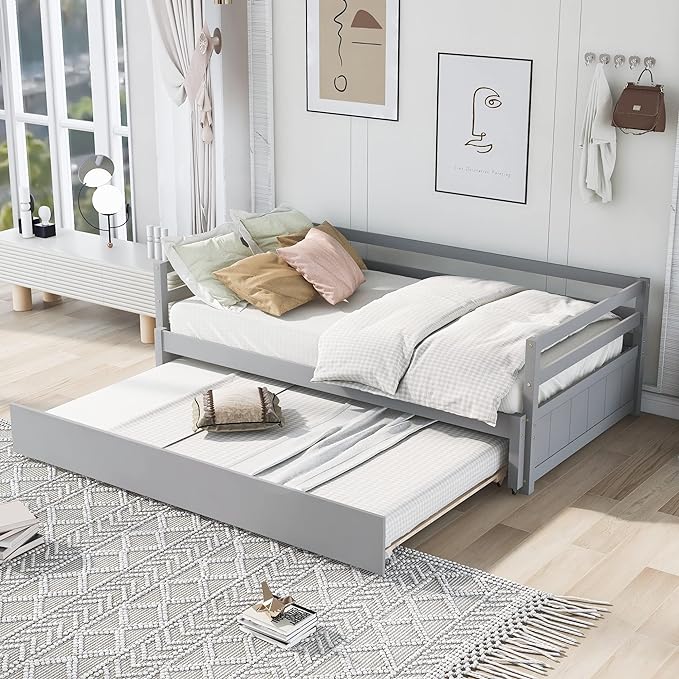 Wooden Extendable Daybed, Twin to King Daybed Frame with Trundle, Extending Sofa Bed for Living Room Bedroom Guest Room, Gray - LeafyLoom