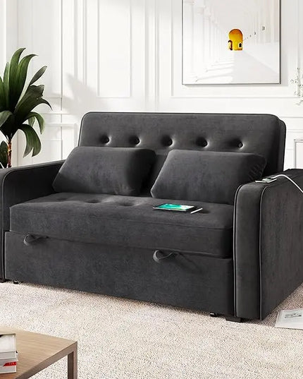 3 in 1 Multi-Functional Pull Out Sofa Bed , Velvet Upholstered Convertible Sleeper Loveseat Couch Guest Daybed with Adjustable Backrest and Dual USB Charging Port for Living Room Office RV Furniture - LeafyLoom