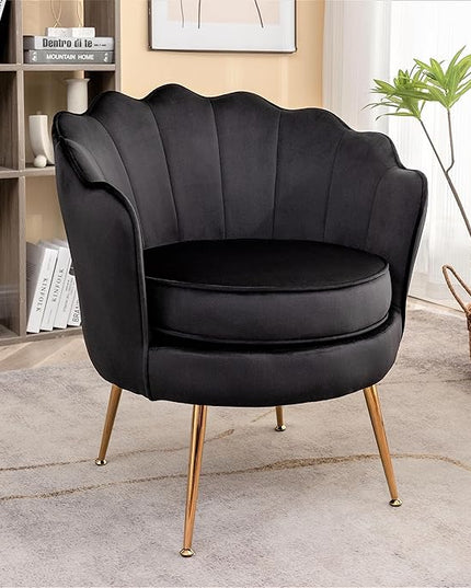 Velvet Barrel Accent Chair with Scalloped Silhouette and Gold Metal Legs, Decorative Piece Suitable for Traditional, Modern, and Contemporary Spaces, Black - LeafyLoom