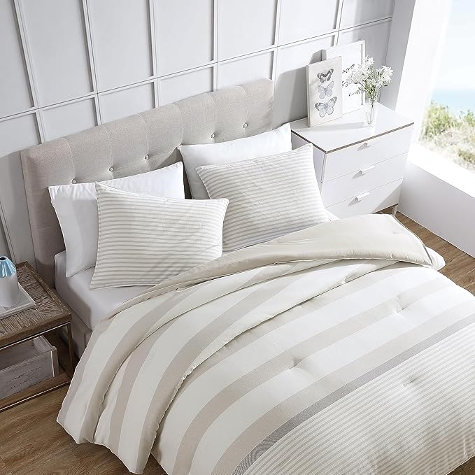 Nautica - Queen Comforter Set, Cotton Reversible Bedding with Matching Shams, Ideal Home Decor for All Seasons (Saybrook Beige, Queen) - LeafyLoom