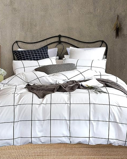 White Grid Comforter White Plaid Bedding Set Twin White with Black Line Stripes Boys Checkered Comforters Bedding Set Girls White Grid Comforter Set Twin - LeafyLoom