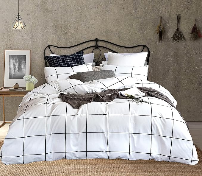 White Grid Comforter White Plaid Bedding Set Twin White with Black Line Stripes Boys Checkered Comforters Bedding Set Girls White Grid Comforter Set Twin - LeafyLoom