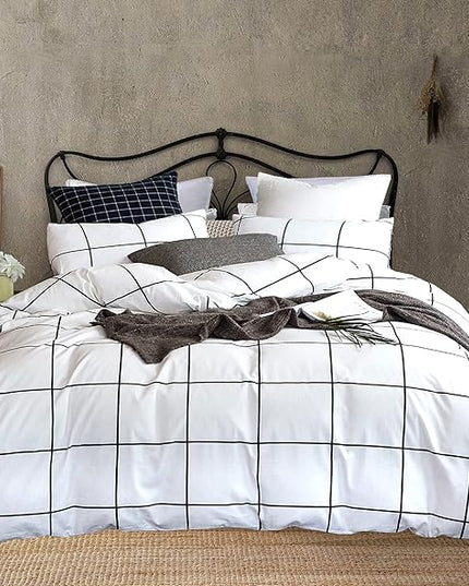 White Grid Comforter Set Big Grid Bedding Set King White Black Plaid Printed Stripes Women Checkered Comforters Bedding Set White Grid Bed Blanket Set White Plaid King Comforter - LeafyLoom