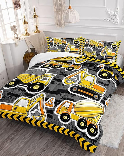 Datura home Kids Construction Truck Comforter Set for Boys Kids,Excavators Truck Machinery Vehicles Tractor Printed Bedding Set with 1 Comforter and 2 Pillowcases(Truck Yellow Twin) ,Twin 68x86inches - LeafyLoom