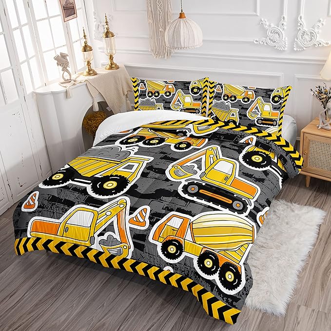Datura home Kids Construction Truck Comforter Set for Boys Kids,Excavators Truck Machinery Vehicles Tractor Printed Bedding Set with 1 Comforter and 2 Pillowcases(Truck Yellow Twin) ,Twin 68x86inches - LeafyLoom
