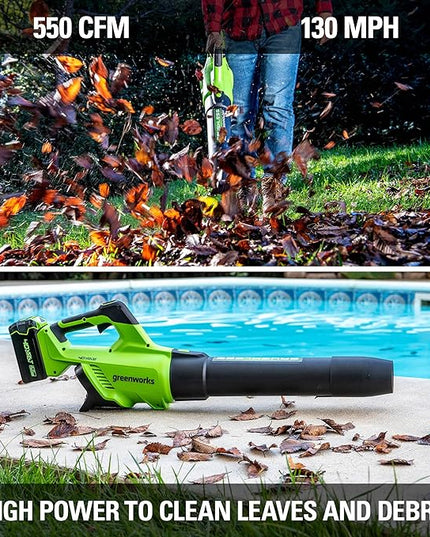 Greenworks 40V (130 MPH / 550 CFM / 75+ Compatible Tools) Cordless Brushless Axial Leaf Blower, Tool Only - LeafyLoom