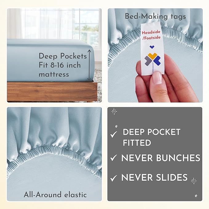 California Design Den 100% Cotton Sheets - Softest 4-Pc Queen Sheet Set, Cooling Sheets for Queen Size Bed, Deep Pockets, 400 Thread Count Sateen, Bedding Sheets & Pillowcases, Queen Sheets (Sky Blue) - LeafyLoom