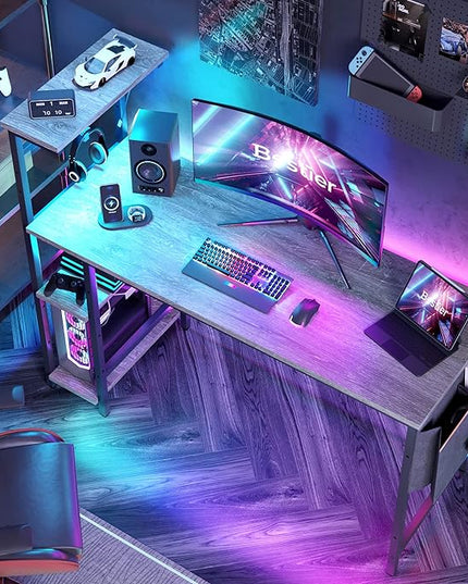 Bestier Gaming Desk with LED Lights, Computer Desk with 4 Tiers Reversible Shelves, 51.3 Inch Home Office Writing Desk with Side Storage Bag, Hooks and Height Adjustable Shelf (Retro Grey Oak) - LeafyLoom